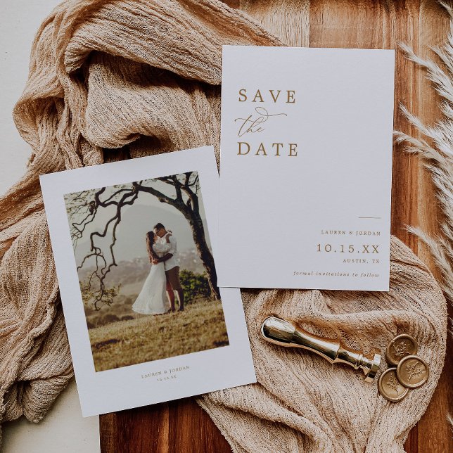 Elegant Gold Calligraphy Photo Wedding Save The Date (Creator Uploaded)