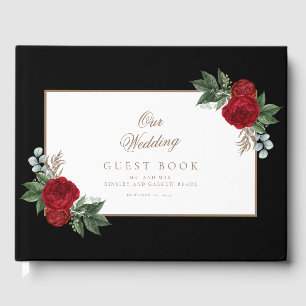 Elegant Gold Calligraphy Red Floral Wedding Guest Book