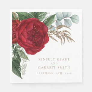 Elegant Gold Calligraphy Red Floral Wedding Napkin