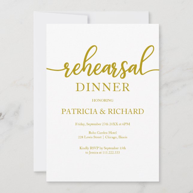 Elegant Gold Calligraphy Rehearsal Dinner Invitation (Front)