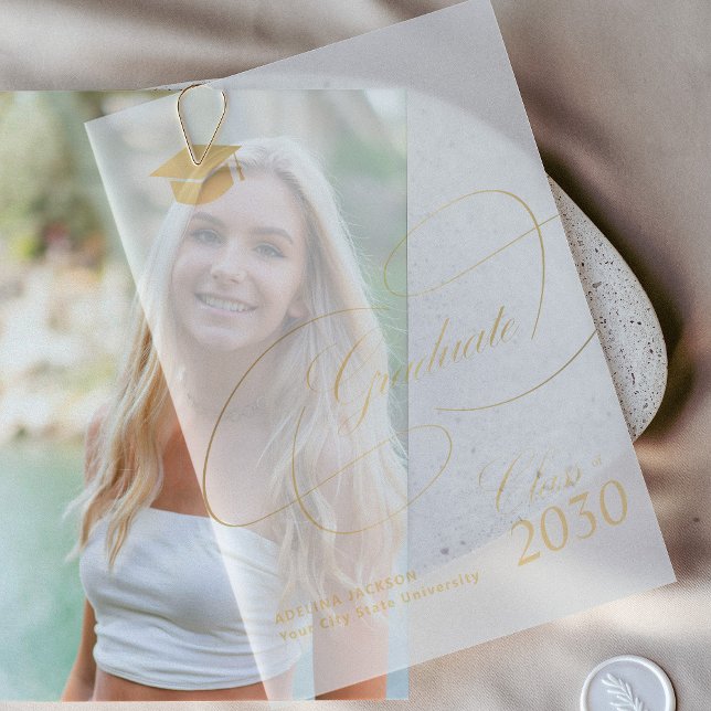 Elegant gold calligraphy script cap graduation  vellum invitations (Creator Uploaded)