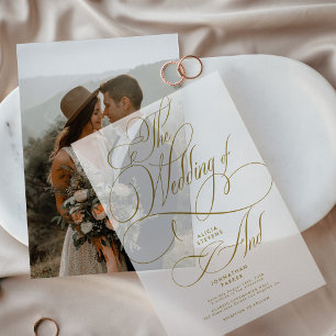 Elegant gold calligraphy script wedding overlay vellum invitations