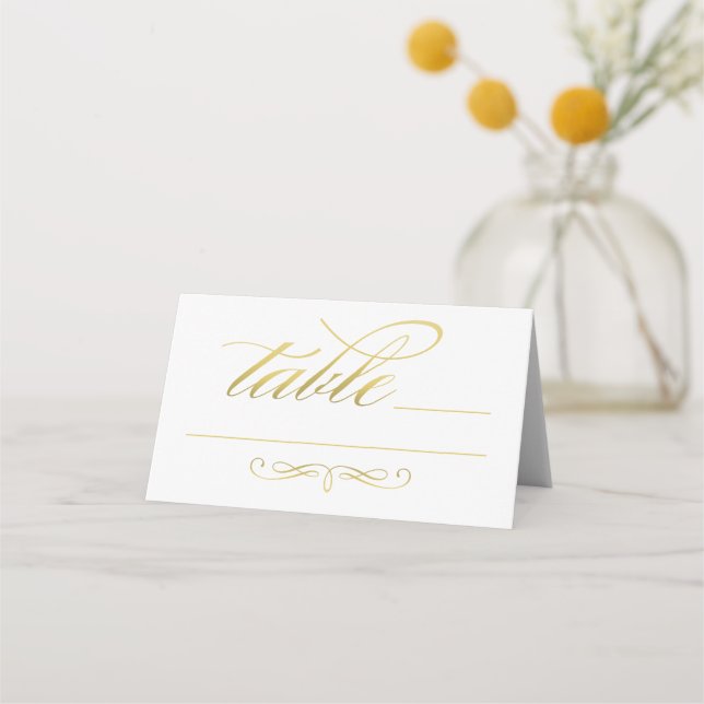 Elegant Gold Calligraphy Script Wedding Table Place Card (Front)
