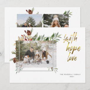 Elegant Gold Calligraphy Three Photo Christmas Holiday Card