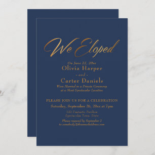 Elegant Gold Calligraphy We Eloped over Navy Invitation