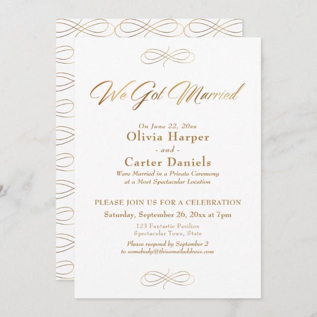 Elegant Gold Calligraphy We Got Married Reception Invitation (Front/Back)