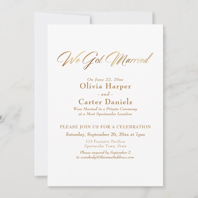 Elegant Gold Calligraphy We Got Married Reception Invitation (Front)