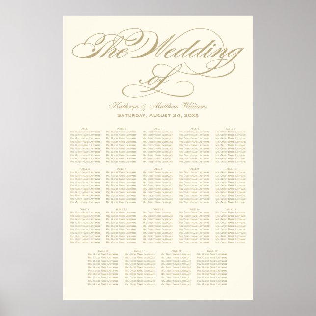 Elegant Gold Calligraphy Wedding Seating Chart (Front)