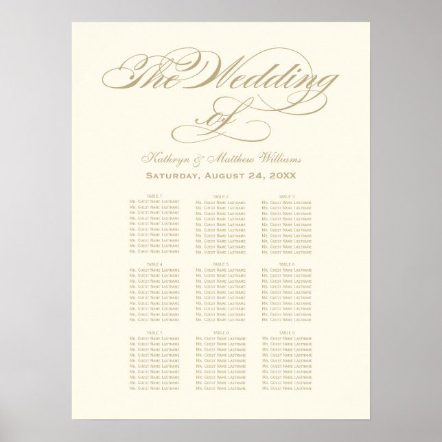 Elegant Gold Calligraphy Wedding Seating Chart (Front)