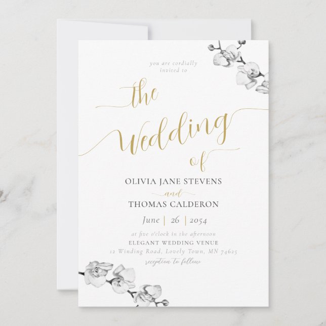 Elegant Gold Calligraphy White Orchid Wedding Invitation (Front)