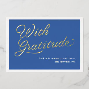 Elegant Gold Calligraphy With Gratitude Navy Blue Foil Holiday Card
