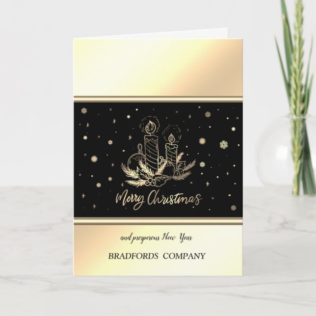 Elegant Gold Candle,Balls,Pine Tree Branches Holiday Card (Front)
