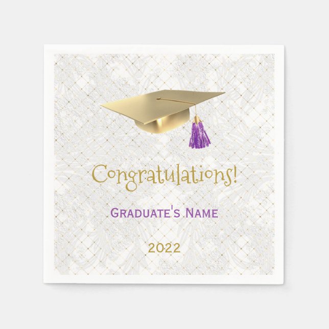 Elegant Gold Cap Purple Congratulations Graduation Napkin (Front)