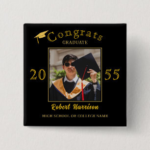Elegant Gold Cap Typography Graduation Party Photo 2 Inch Square Button