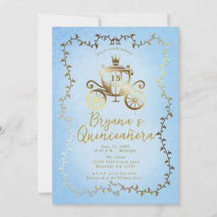Elegant Gold Carriage Blue Storybook Quinceañera Invitation