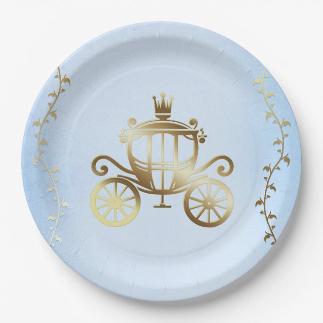 Elegant Gold Carriage Blue Storybook Royal Paper Plate (Front)