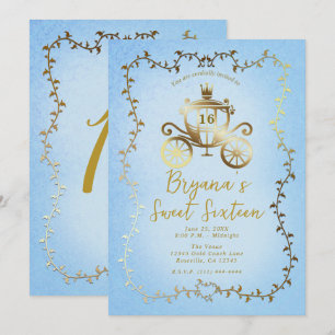 Elegant Gold Carriage Blue Storybook Sweet 16 Invitation