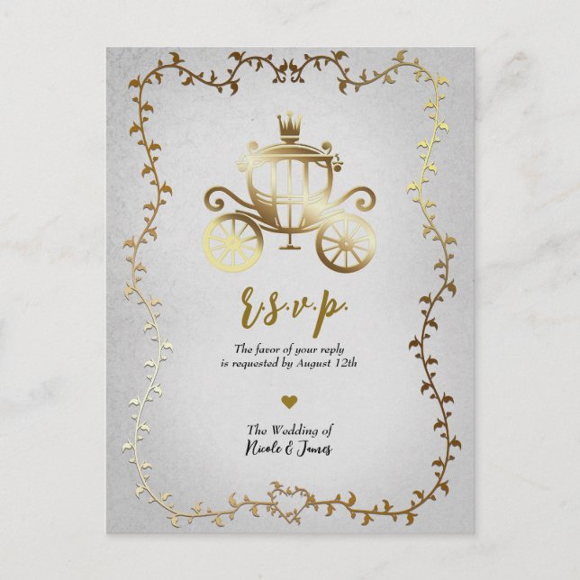 Elegant Gold Carriage Storybook Wedding R.S.V.P.  Announcement Postcard (Front)