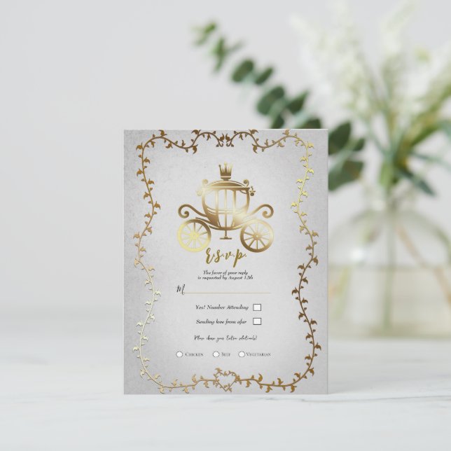 Elegant Gold Carriage Storybook Wedding R.S.V.P.  Invitation (Standing Front)