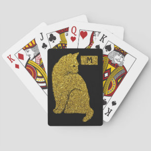 Elegant Gold Cat on Black Cat Lover Monogram Playing Cards