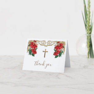 Elegant Gold Catholic Crucifix Pointsettia Holiday Card