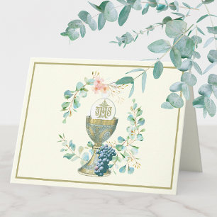 Elegant Gold Catholic Eucalyptus Chalice Host  Holiday Card