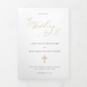 Elegant Gold Catholic Wedding Mass Tri-Fold Programme