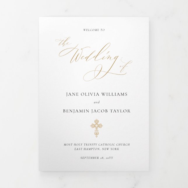 Elegant Gold Catholic Wedding Mass Tri-Fold Programme (Cover)