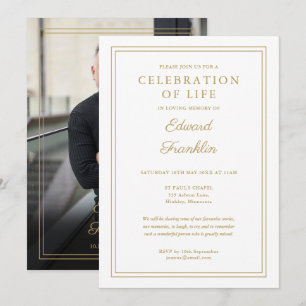 Elegant Gold Celebration Of Life Funeral Photo Invitation