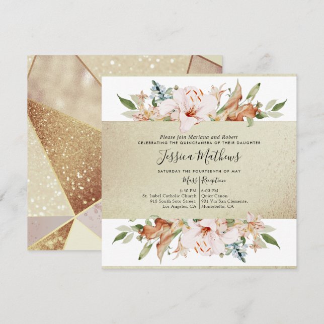 Elegant Gold Champagne Floral Quinceañera Invitation (Front/Back)