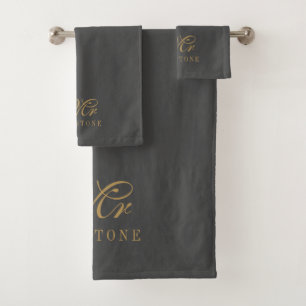 Elegant Gold Charcoal Mr Name Bath Towel Set