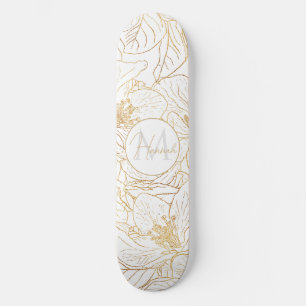 Elegant Gold Cherry Blossom Flowers White Design Skateboard