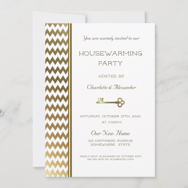 Elegant Gold Chevron Stripes Housewarming Party Invitation (Front)