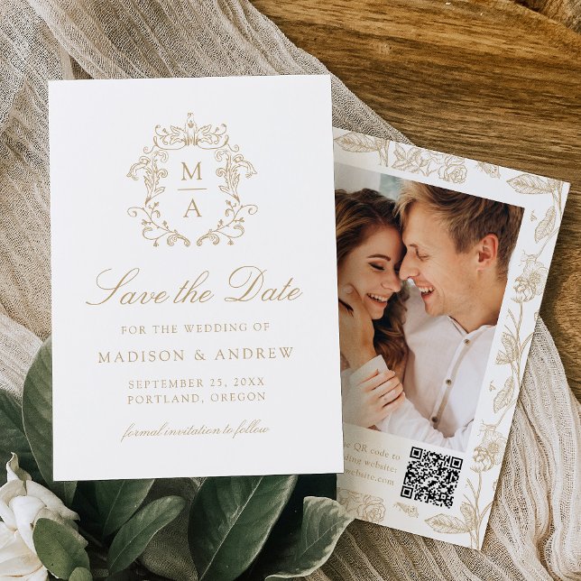 Elegant Gold Chinoiserie Floral QR Code Wedding Save The Date (Creator Uploaded)