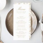 Elegant Gold Chinoiserie Victorian Floral Wedding Menu<br><div class="desc">Create a stunning dining experience with our Elegant Gold Chinoiserie Floral wedding menu. Featuring elegant gold calligraphy on a crisp white background, this customizable menu allows couples to add their names, wedding date, and personalized menu offerings. The back showcases a beautiful gold and white Chinoiserie floral pattern, adding a timeless...</div>