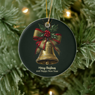 Elegant Gold Christmas Bell with Festive Bow Holly Ceramic Ornament
