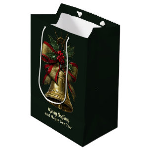 Elegant Gold Christmas Bell with Festive Bow Holly Medium Gift Bag