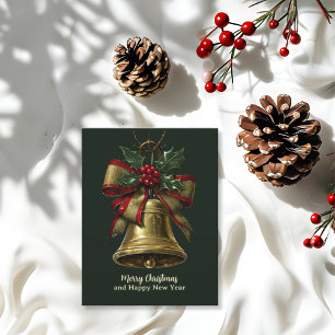Elegant Gold Christmas Bell with Festive Bow Holly Postcard