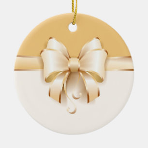 Elegant Gold Christmas Bow Ceramic Ornament