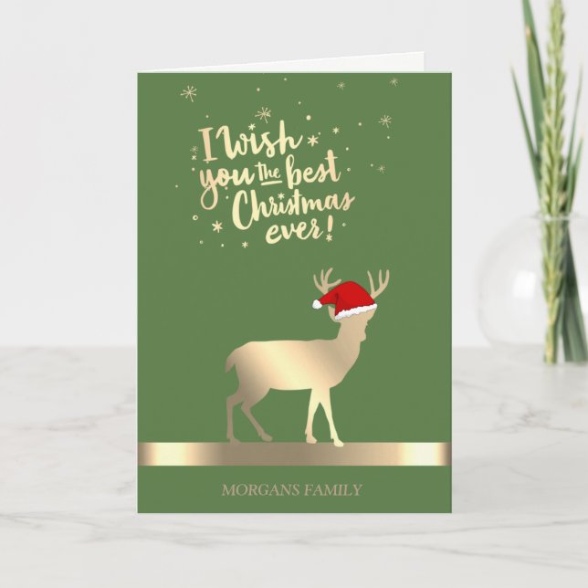 Elegant Gold Christmas Deer ,Santa Hat,Company Holiday Card (Front)