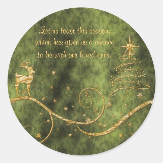 Elegant gold Christmas reindeer greetings wishes Classic Round Sticker (Front)