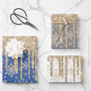 Elegant Gold Christmas Snowflake Pattern Dripping  Wrapping Paper Sheet