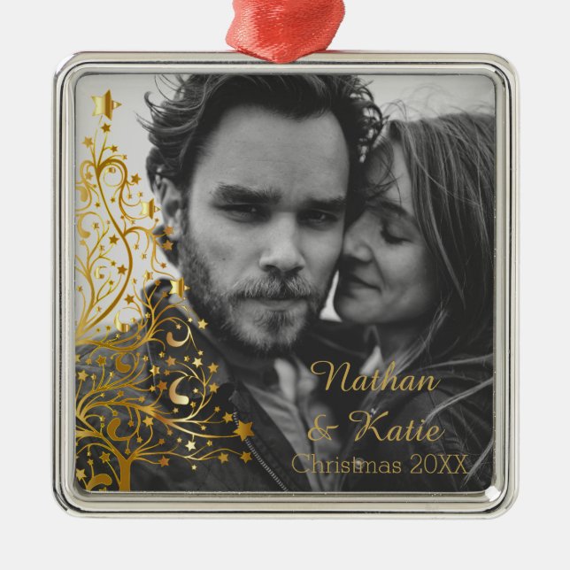 Elegant Gold Christmas Tree Custom Photo Metal Ornament (Front)