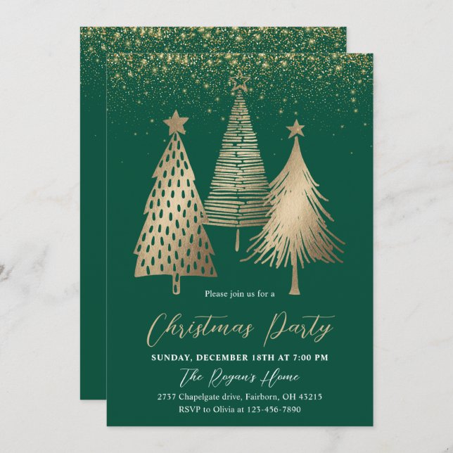Elegant Gold Christmas Tree Glitter Snow  Invitation (Front/Back)