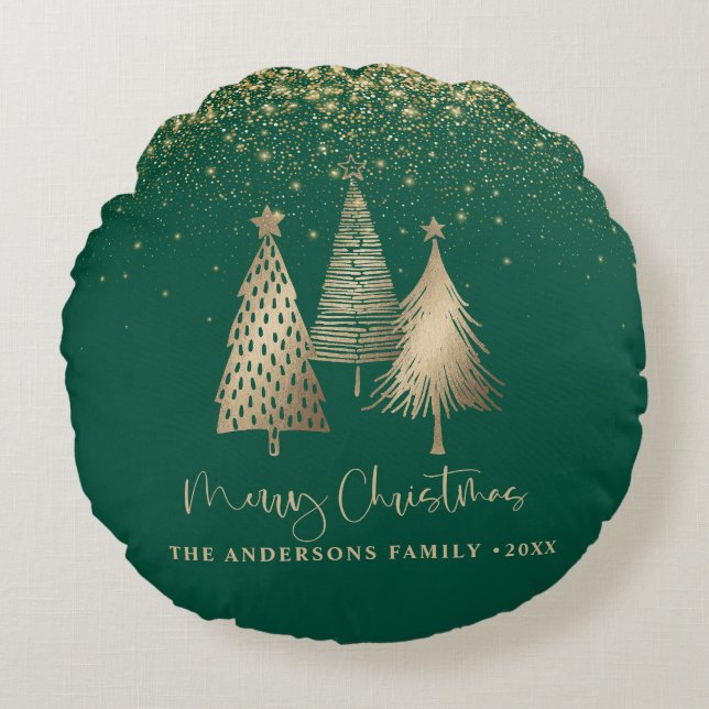 Elegant Gold Christmas Tree Glitter Snow Round Pillow (Front)