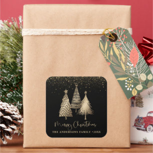Elegant Gold Christmas Tree Glitter Snow Square Sticker