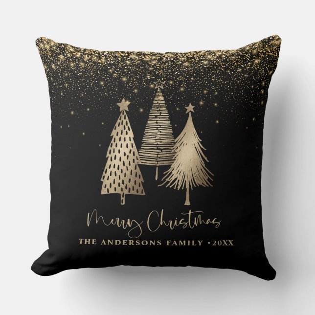 Elegant Gold Christmas Tree Glitter Snow Throw Pillow (Front)