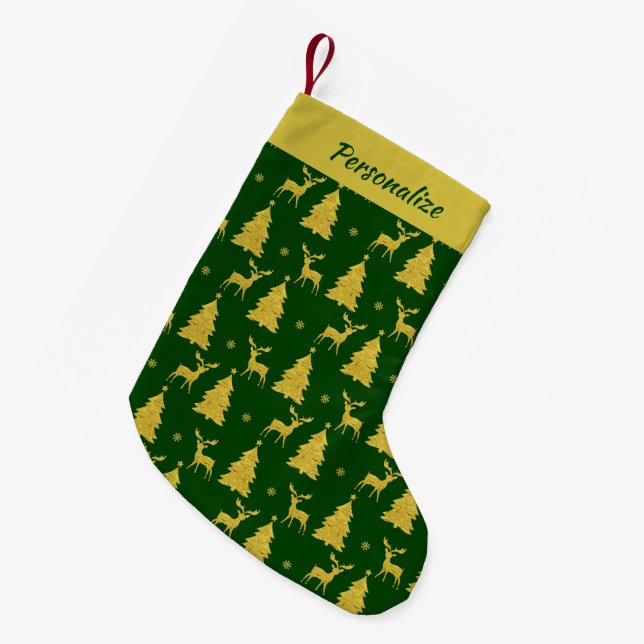 Elegant Gold Christmas Trees Reindeer on Green Small Christmas Stocking (Front (Hanging))