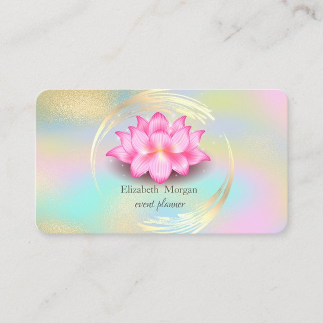 Elegant Gold Circle Colourful Holographic Lotus Business Card (Front)