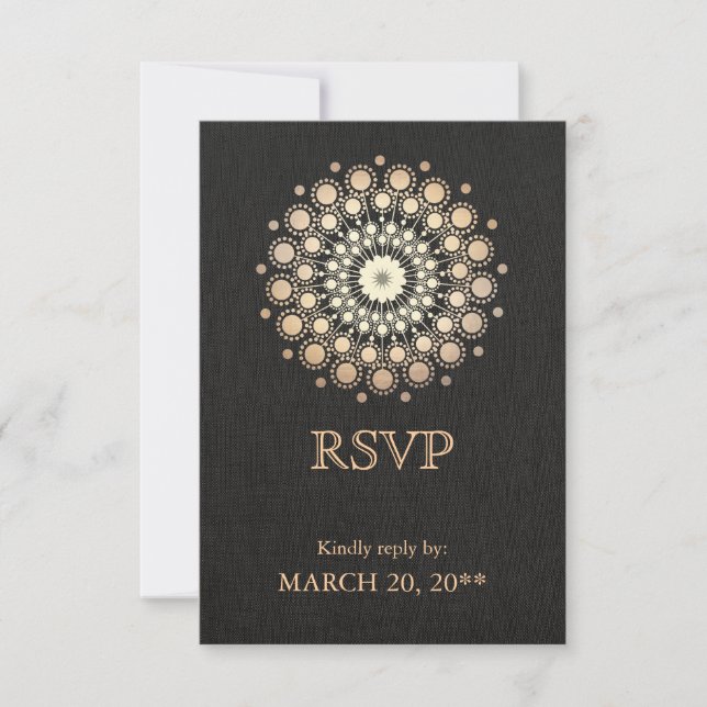 Elegant Gold Circle Motif Black Linen Look RSVP Card (Front)